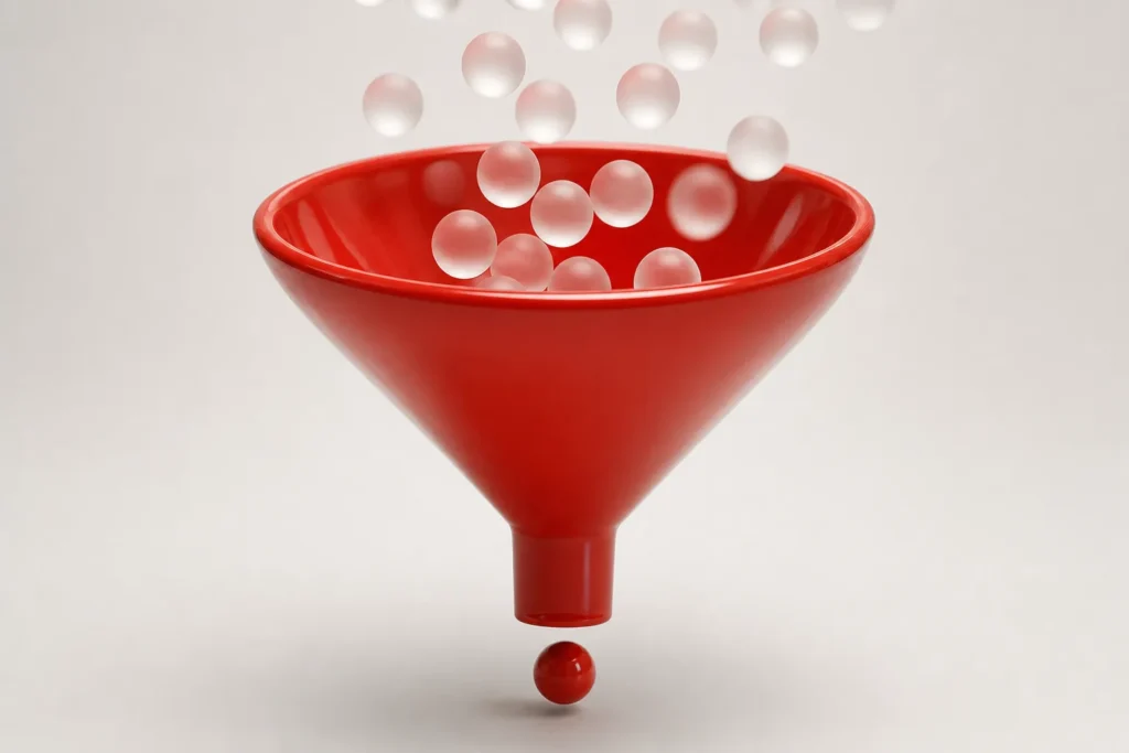 Embudo rojo que convierte esferas de cristal en una sola esfera roja