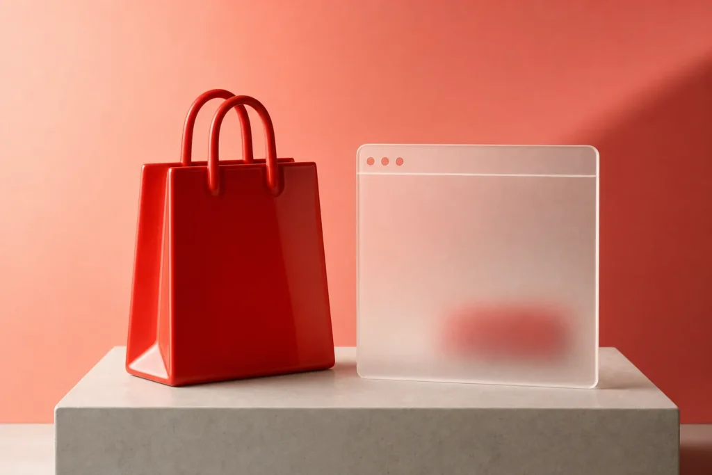 Bolsa de compra roja junto a una ventana de navegador de cristal