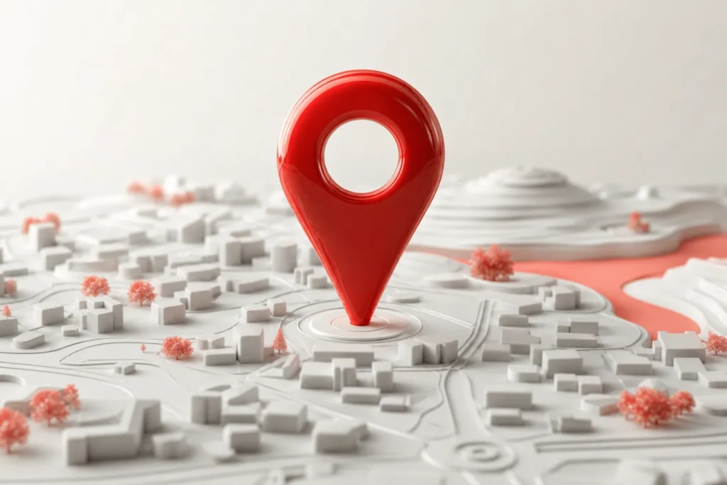 Marcador de mapa rojo sobre una maqueta de ciudad