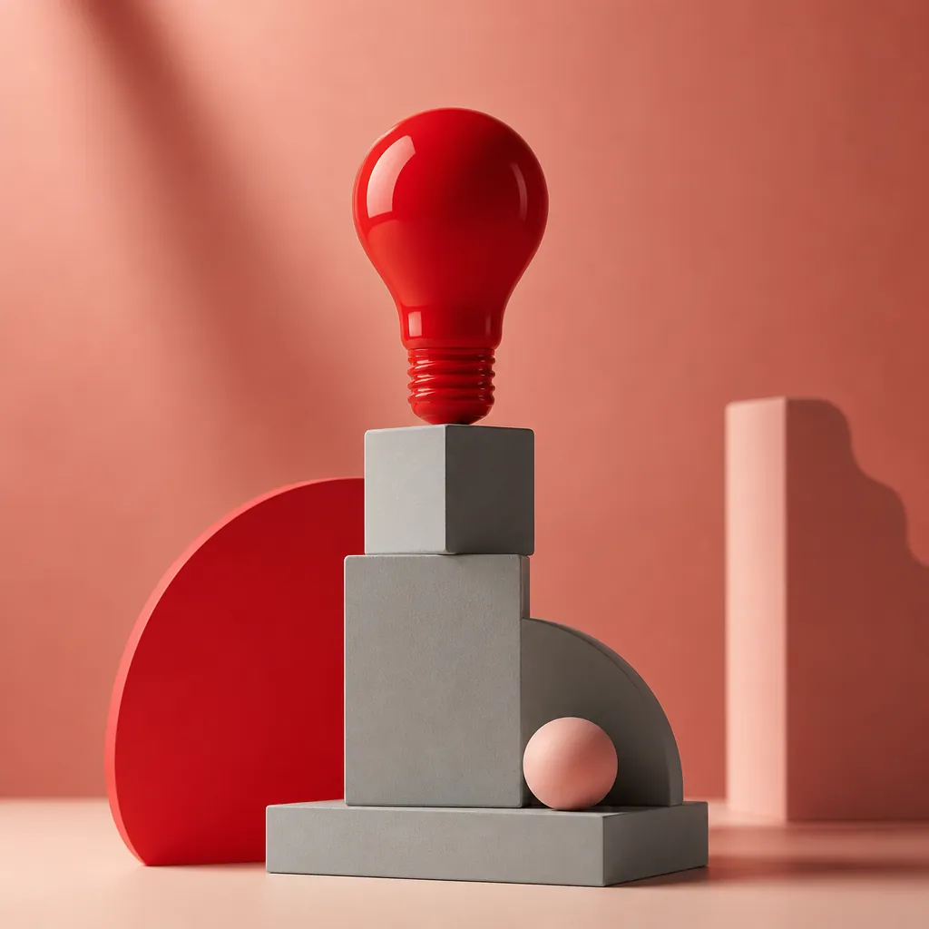Bombilla roja sobre bloques geométricos grises