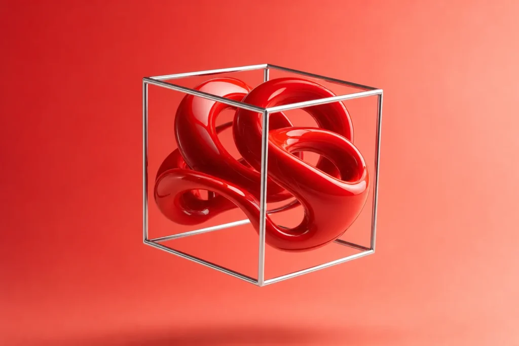 Formas abstractas de cerámica roja entrelazadas dentro de un cubo de cromo