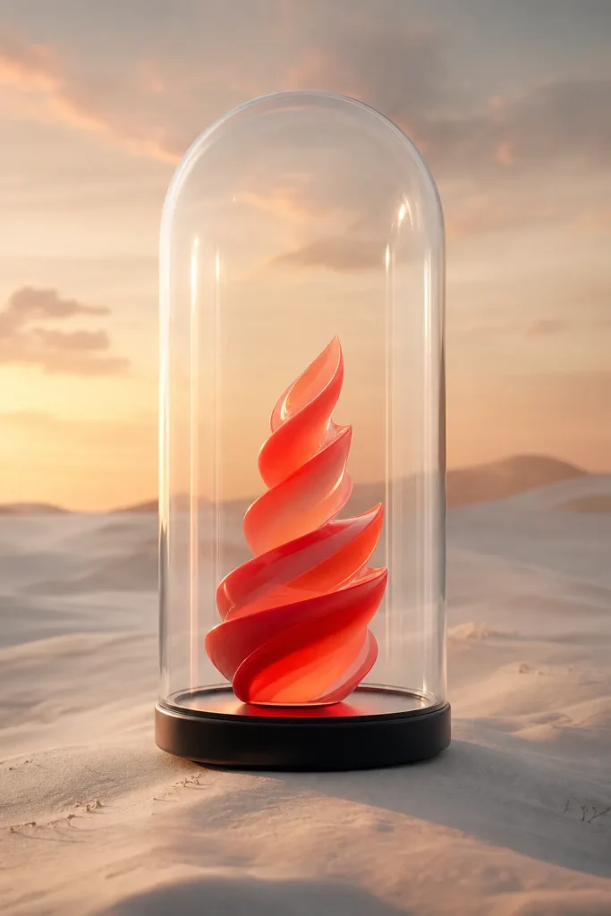 Cápsula de cristal con una escultura roja sobre dunas de arena al atardecer
